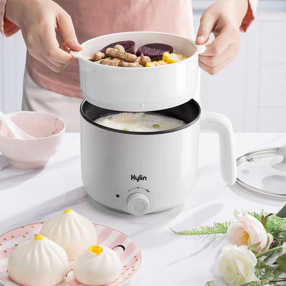 Kylin Mini Non-stick Multicooker Steam Rack Included White 1.2L 600~700W