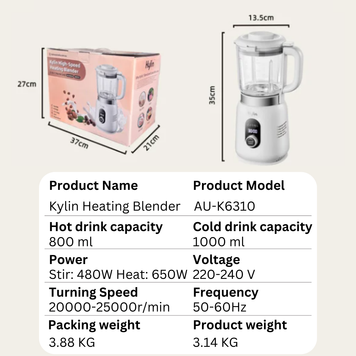 Kylin High-Speed Heating Blender 1L AU-K6310