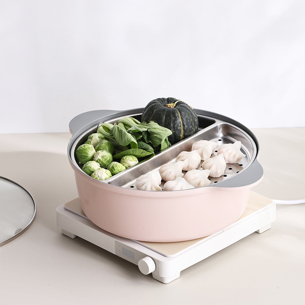 Neoflam Divided 30cm casserole 5.8L Induction with divided steamer Pink