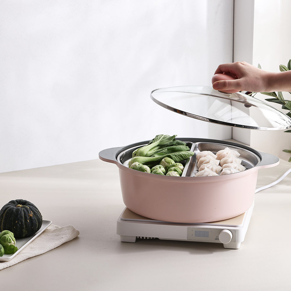 Neoflam Divided 30cm casserole 5.8L Induction with divided steamer Pink