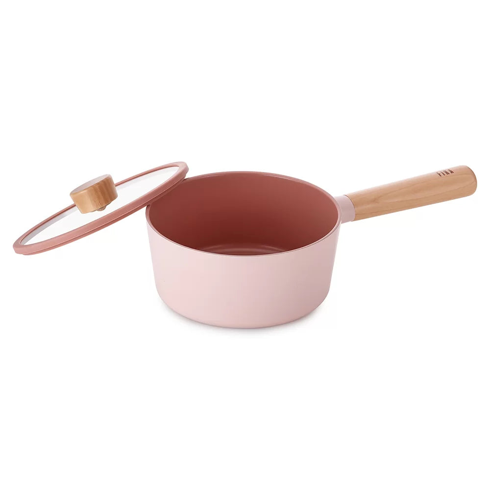 Neoflam Fika 18cm Saucepan Induction with Glass Lid and Silicon Rim (Pink)